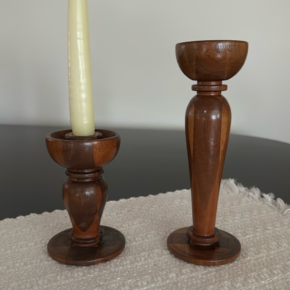 Vintage Carved Wood Candlesticks, one pair